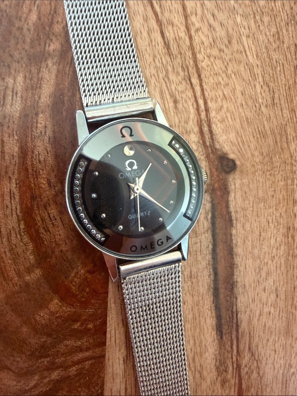 Omega Swiss women’s Black Dial Watch with Silver Mesh Strap Vintage 22K